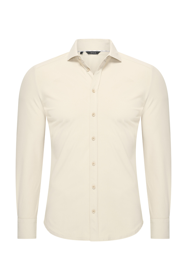 Mi Piace Heren Travel Blouse – Kit (Gebroken Wit): Herenblouse van travelstof in gebroken wit (Kit) met knoopsluiting en subtiele stretch.