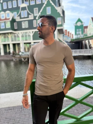 Veelzijdig heren T-shirt in neutrale falconkleur, ideaal voor reizen, werk en vrije tijd in Nederland.