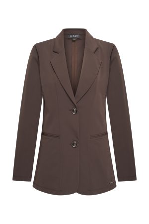 Espresso-kleurige blazer met twee knopen, nette revers en strak silhouet, ideaal voor werk en diners in regio Nederland.