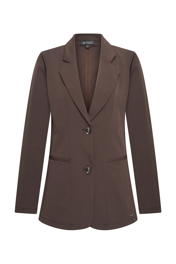 Espresso-kleurige blazer met twee knopen, nette revers en strak silhouet, ideaal voor werk en diners in regio Nederland.